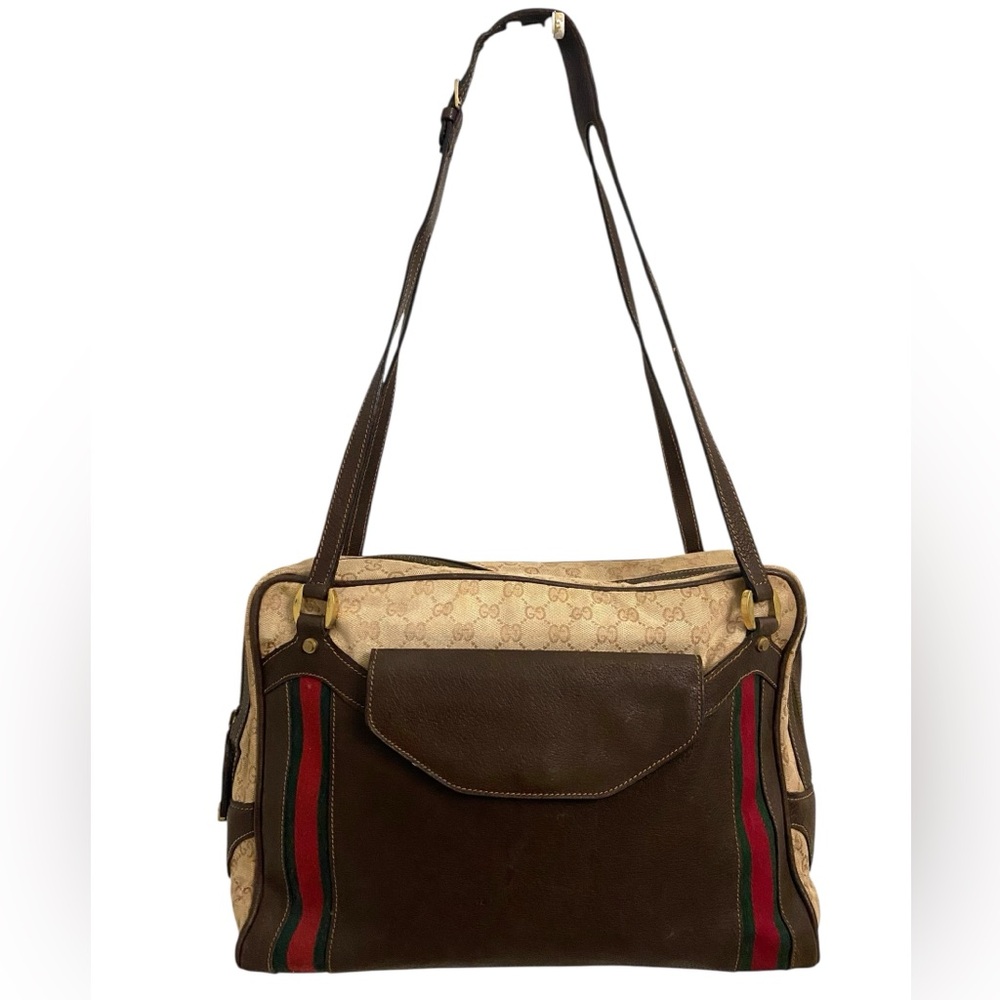 Vintage Gucci Web Stripe Shoulder Bag GG Canvas and Brown Leather Authenticated